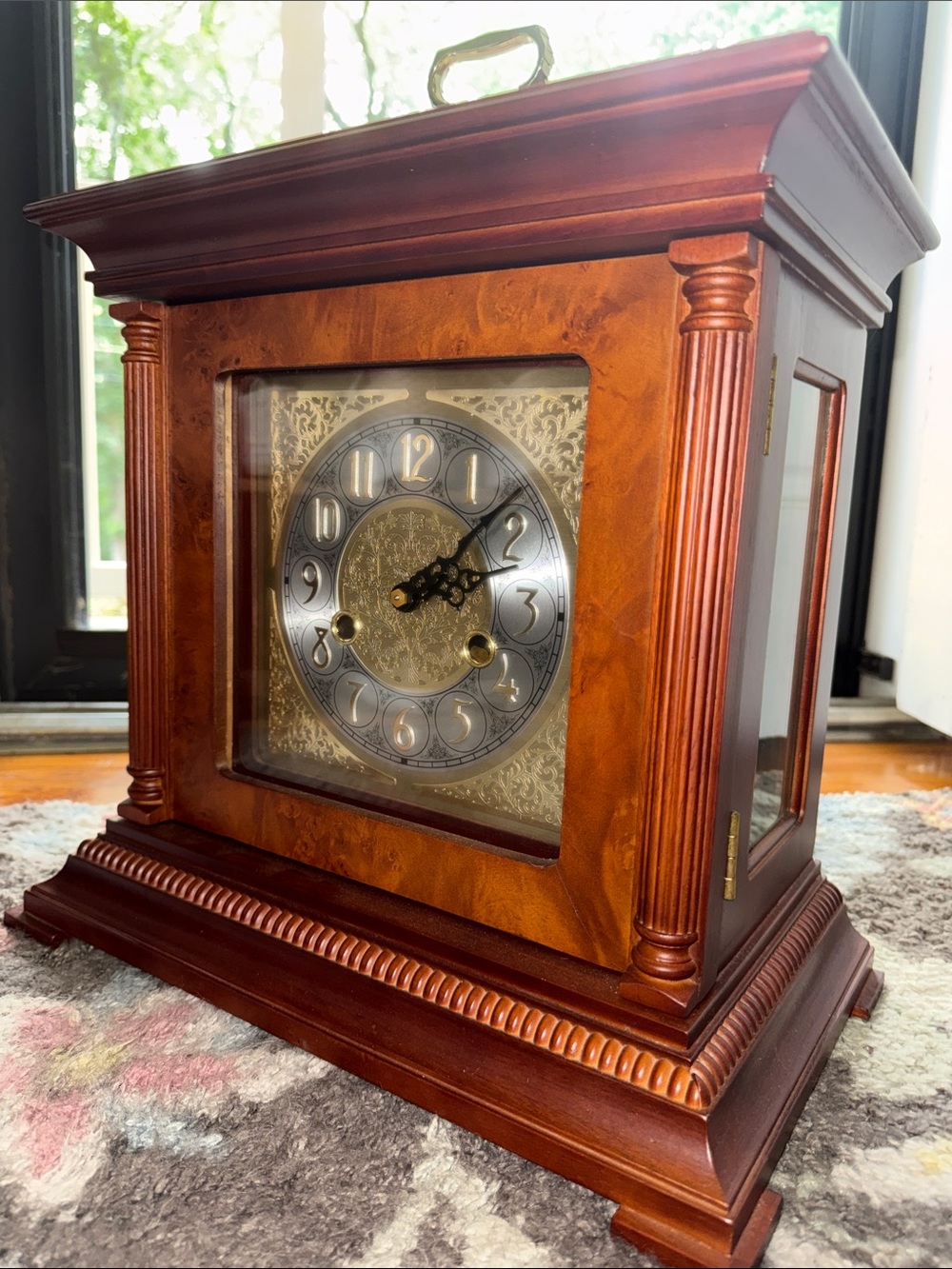 Classic Wooden Mantel Clock Decor in Rich Cherry Tabletop Grandfather Clock